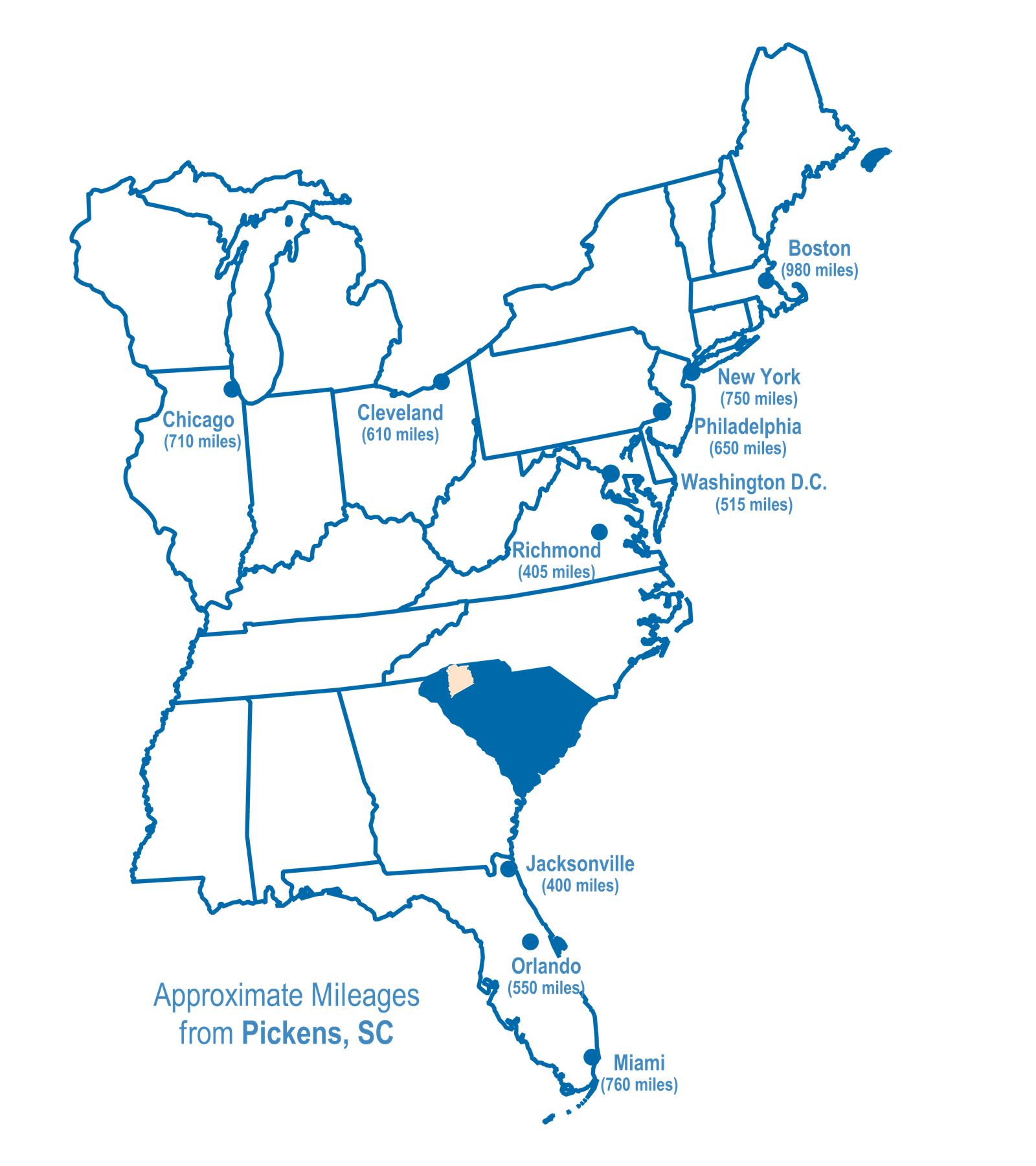 Pickens county shown on east coast of the USA