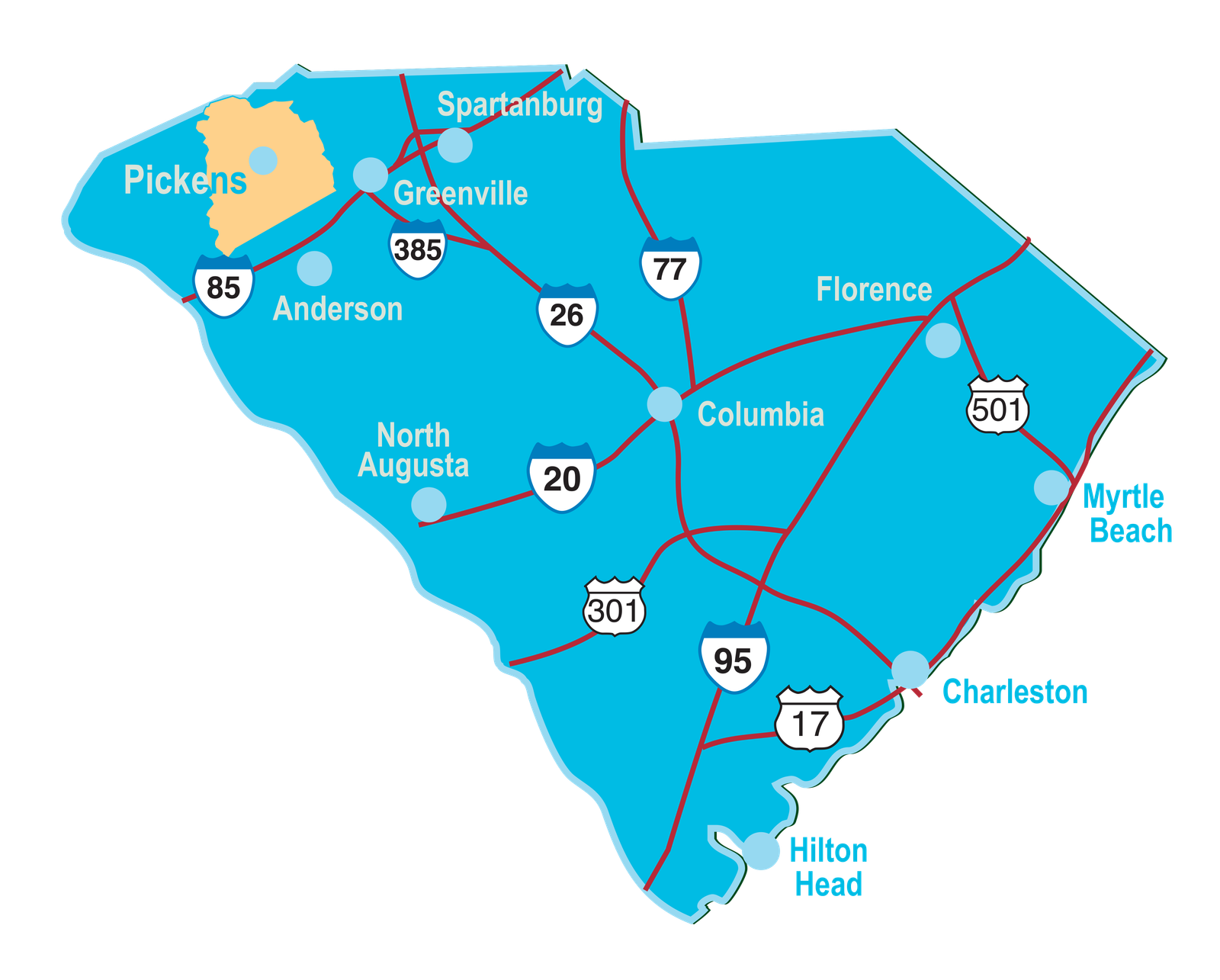 Pickens county shown within the state of South Carolina